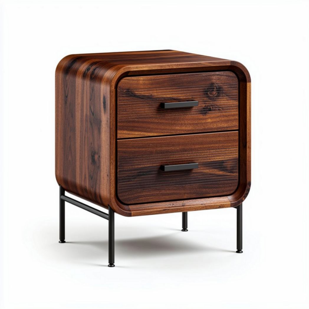 Comodino in legno massello con due cassetti e struttura metallica nera 45 x 40 x 50cm