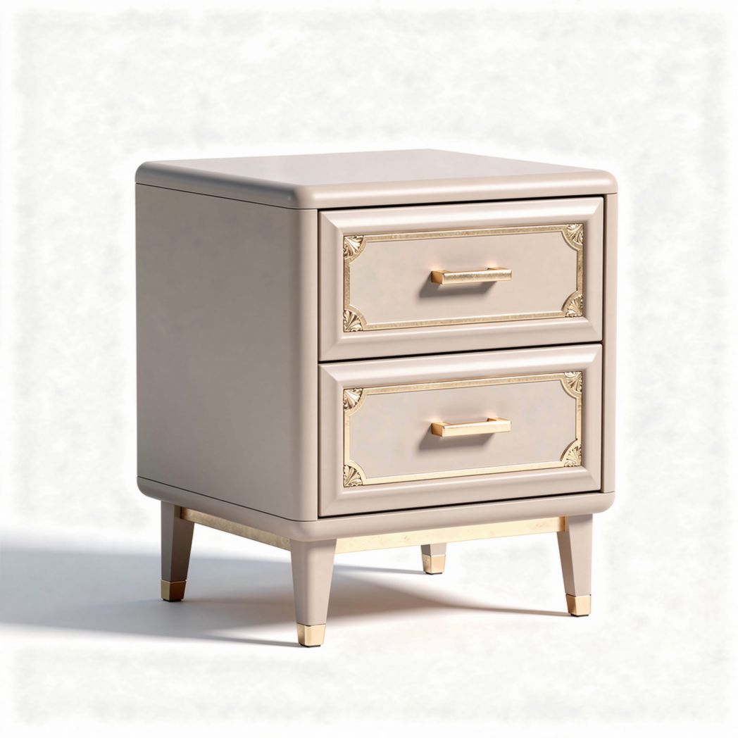 Comodino in legno con due cassetti finitura beige e dettagli dorati 40 x 40 x 50cm