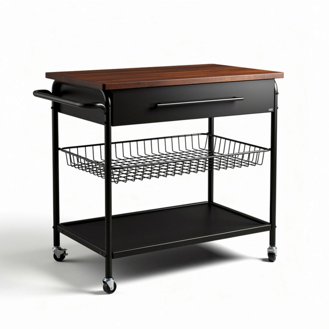 Carrello da cucina con piano in legno e struttura metallica nera 90 x 60 x 90cm
