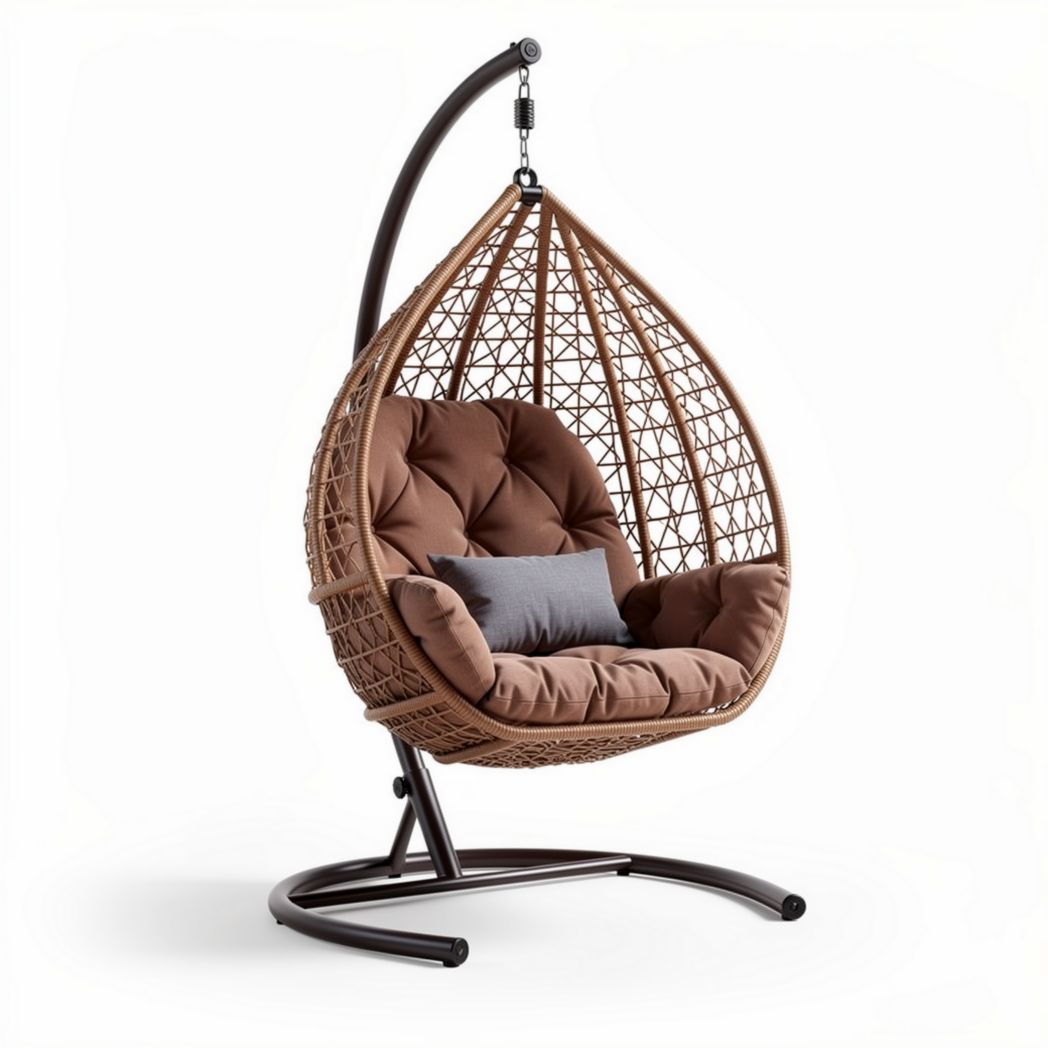 Poltrona sospesa in rattan con cuscini marroni dimensioni 90 x 80 x 120cm