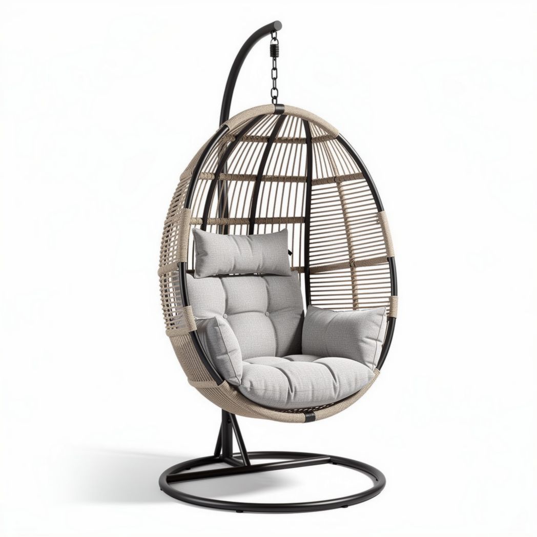 Sedia a dondolo a forma di uovo con struttura in metallo e cuscini grigi 120 x 100 x 180cm